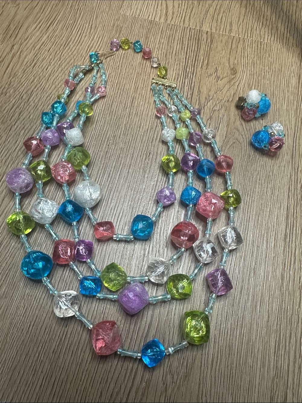 Vintage Multicolor Faceted Bead Layered Necklace with Matching Earrings